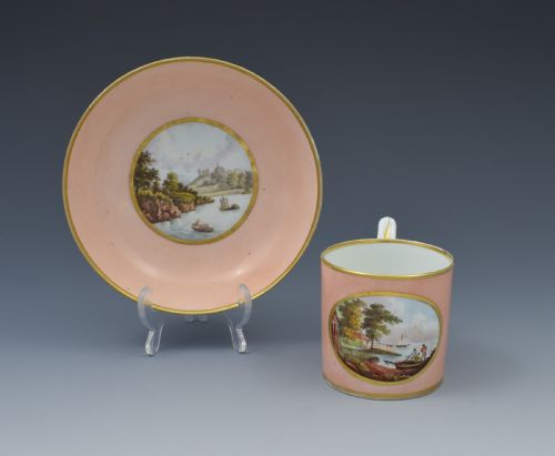 Early 19th Century Derby Salmon Coffee Can & Saucer Cowes Castle & Windsor