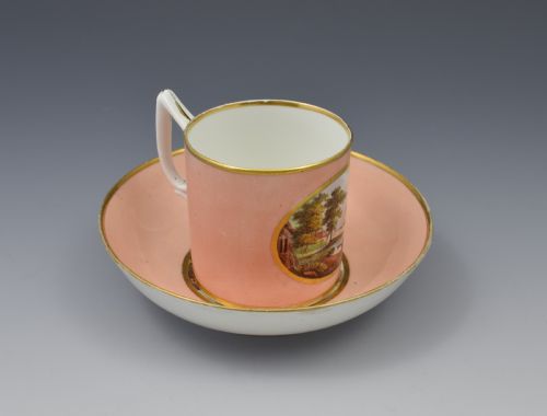 fig 1. Early 19th Century Derby Salmon Coffee Can & Saucer Cowes Castle & Windsor