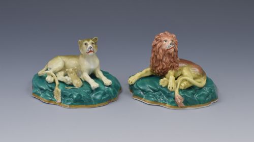 Pair Victorian Staffordshire Porcelain Lion & Lioness Figures C.1840