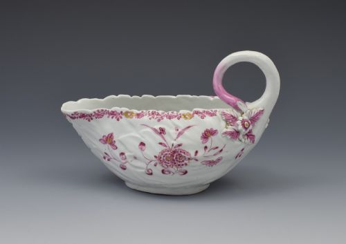 Derby Porcelain Leaf Shape Sauceboat Pink Enamel C.1760 Sauce Boat