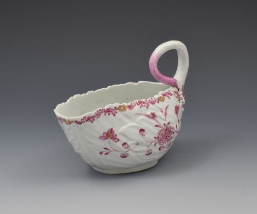 fig 1. Derby Porcelain Leaf Shape Sauceboat Pink Enamel c.1760 Sauce Boat