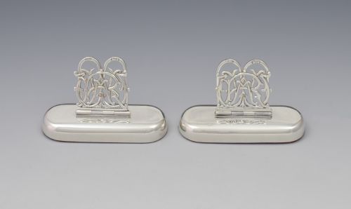 Pair Victorian Silver Custom Monogram Hinged Menu Place Card Holders Rw