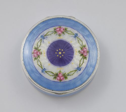 Fine German 935 Silver & Guilloche Enamel Box with Painted Flowers C.1920