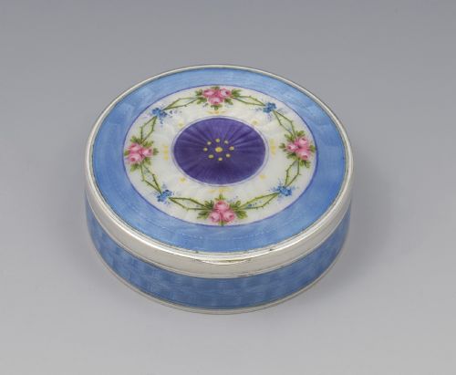 fig 1. Fine German 935 Silver & Guilloche Enamel Box With Painted Flowers c.1920