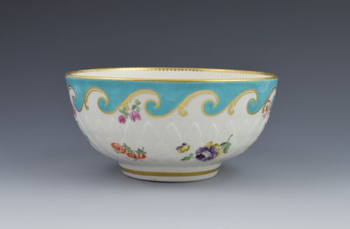 fig 1. Large Chelsea Derby Pineapple Moulded Bowl Turquoise Border c.1770