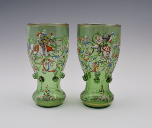 Pair 19thc Bohemian Meyr's Neffe Glass Enamelled Historismus Goblet Vases