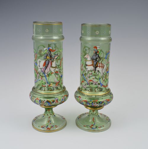 Pair of Bohemian Meyr's Neffe Glass Enamelled Historismus Vases