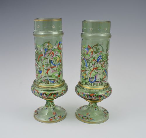 fig 1. Pair Of Bohemian Meyr's Neffe Glass Enamelled Historismus Vases