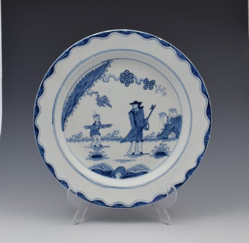 Large 18th Century Bow Porcelain Plate the Golfer & Caddy Pattern