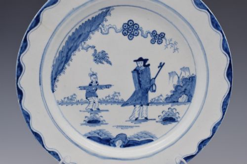 fig 1. Large 18th Century Bow Porcelain Plate The Golfer & Caddy Pattern