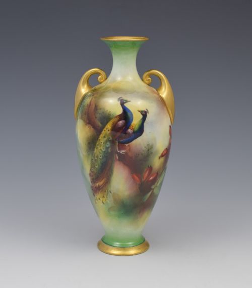 Royal Worcester Hadley Ware Vase Peacocks Henry Harry Martin 1905