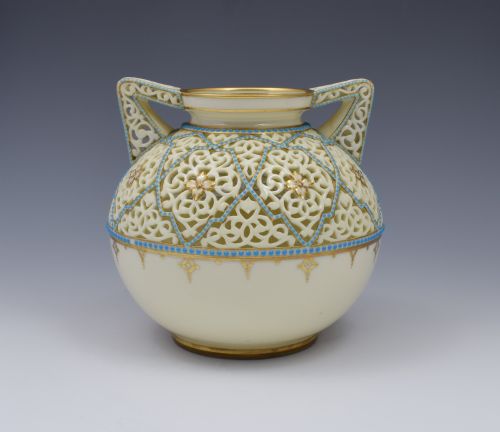 Grainger & Co. Worcester Reticulated Porcelain Vase by Alfred Barry