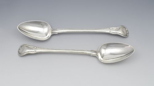 fig 1. Fine Pair Heavy Georgian Exeter Silver Stuffing Basting Spoons