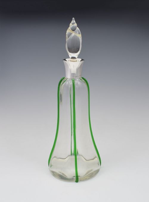 Edwardian Art Nouveau Silver & Green Trailed Glass Decanter