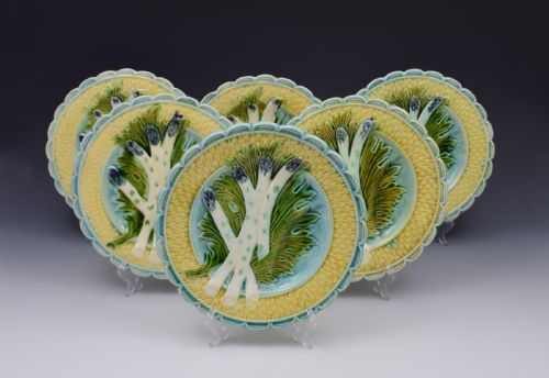 fig 1. Set 6 Salins-Les-Bains French Majolica Asparagus Plates