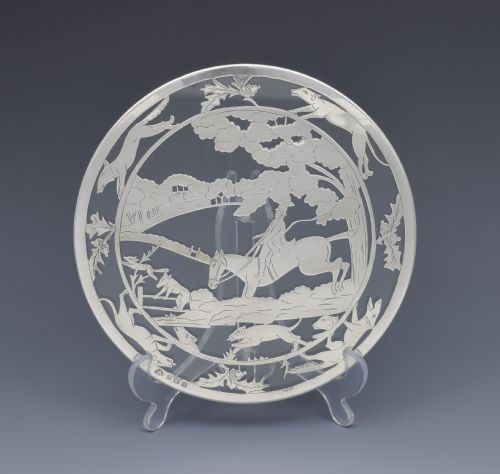 Art Deco Novelty Silver & Glass Teapot Stand Horse & Hounds Fox Hunting