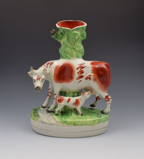Large Victorian Staffordshire Spill Vase Cow & Calf Russet & White