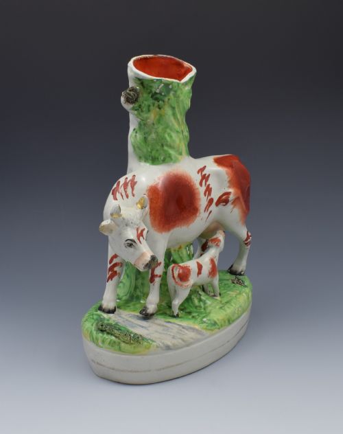 fig 1. Large Victorian Staffordshire Spill Vase Cow & Calf Russet & White