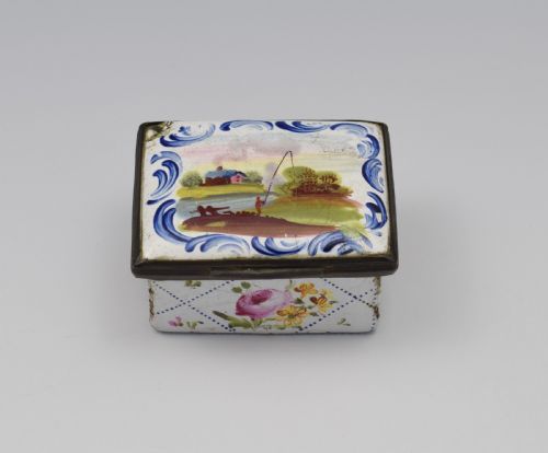 fig 1. 18th Century Staffordshire Bilston Enamel Fishing Scene Snuff Box