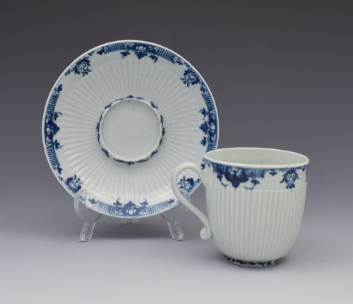 First Period Worcester Ribbed Trembleuse Cup & Saucer Lambrequin Borders C.1770