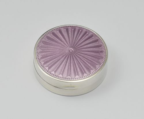 fig 1. English Silver & Lilac Guilloche Enamel DQ Powder Box
