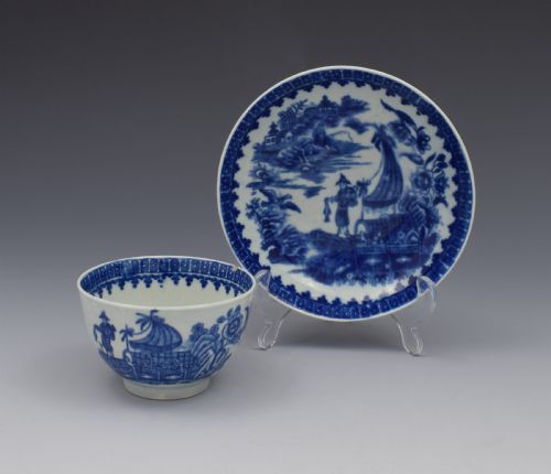 First Period Worcester Tea Bowl & Saucer Fisherman & Cormorant C.1775