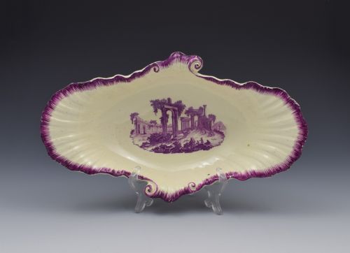 18th Century Neale & Co. Creamware Shell Dessert Dish Puce Classical Ruins