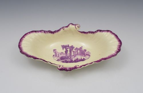 fig 1. 18th Century Neale & Co. Creamware Shell Dessert Dish Puce Classical Ruins