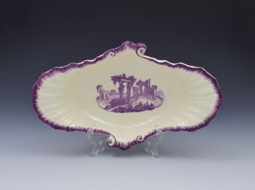 18th Century Neale & Co. Creamware Shell Dessert Dish Puce Classical Ruins