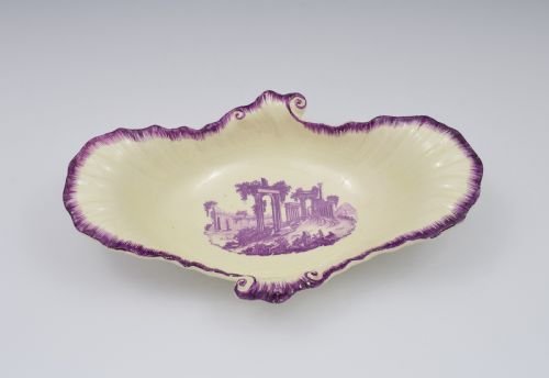 fig 1. 18th Century Neale & Co. Creamware Shell Dessert Dish Puce Classical Ruins