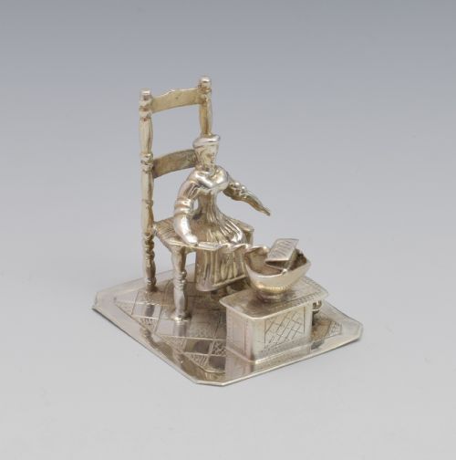 Dutch Silver Miniature Figure Seated Woman Girl Cooking C.1890 1