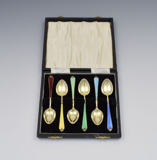 Cased Set 6 Silver Gilt & Guilloche Enamel Rainbow Teaspoons