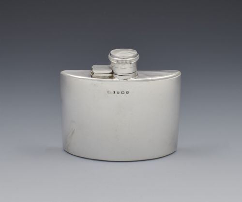 1930s Small Curved Silver Spirit Hip Flask Daniel & Arter
