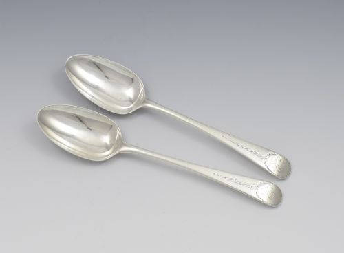 Pair Georgian Silver Serving Table Spoons 1780 George Smith III
