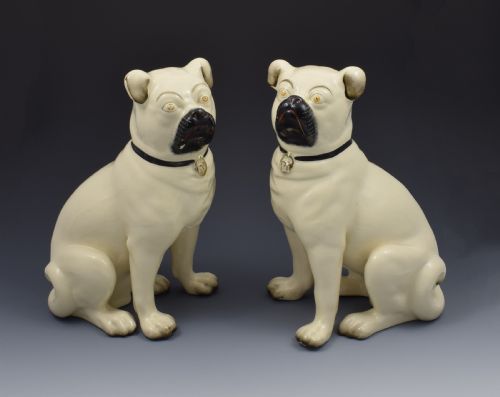 Large Pair of Victorian Staffordshire Pottery Pugs Dogs C.1880