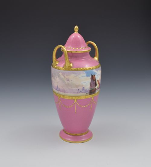 fig 1. Minton Porcelain Pink Vase & Cover James Edwin Dean Seascape