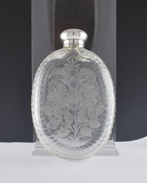 Unusual Victorian Engraved Cut Glass & Silver Plated Hip Spirit Flask
