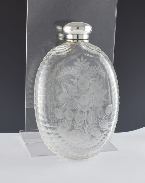 fig 1. Unusual Victorian Engraved Cut Glass & Silver Plated Hip Spirit Flask