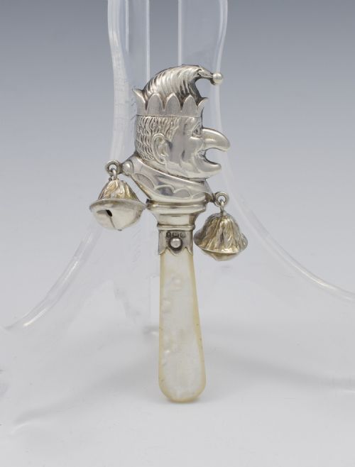 1930s Mr Punch Rattle Silver & Mother of Pearl
