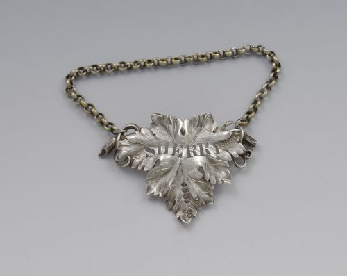 fig 1. Early Victorian Silver Vine Leaf Sherry Decanter Label 1838