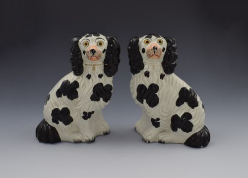 Pair Victorian Staffordshire Spaniels Dogs No. 4 Black & White C.1860