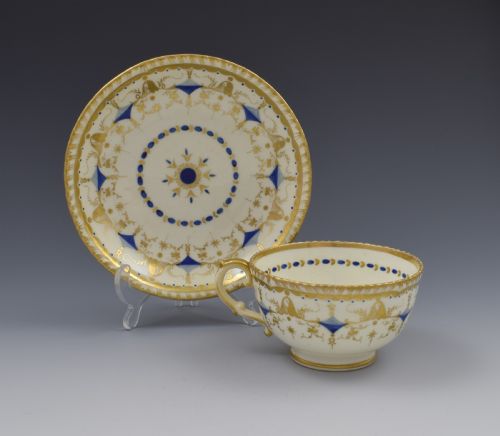 Grainger Porcelain Tea Cup & Saucer Gadrooned Rim C.1825