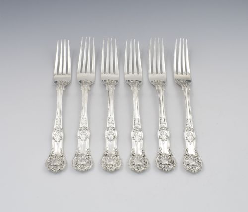 Fine Set 6 Silver Victorian Queen's Honeysuckle Pattern Dinner Forks