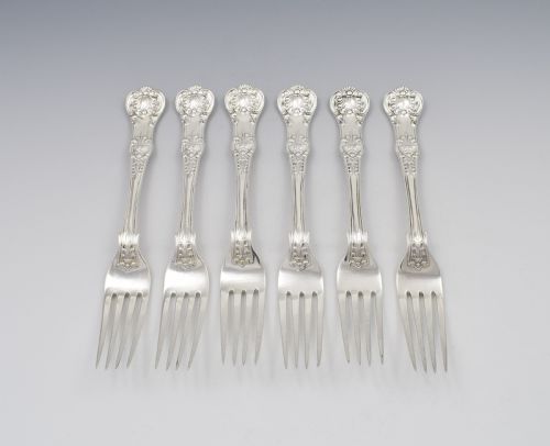 fig 1. Fine Set 6 Silver Victorian Queen's Honeysuckle Pattern Dinner Forks