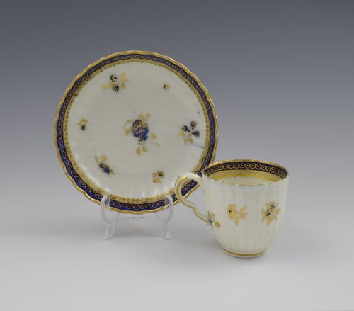 Caughley Porcelain Fluted Coffee Cup & Saucer Dresden Flowers C.1785