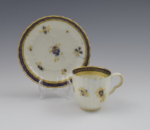 fig 1. Caughley Porcelain Fluted Coffee Cup & Saucer Dresden Flowers c.1785