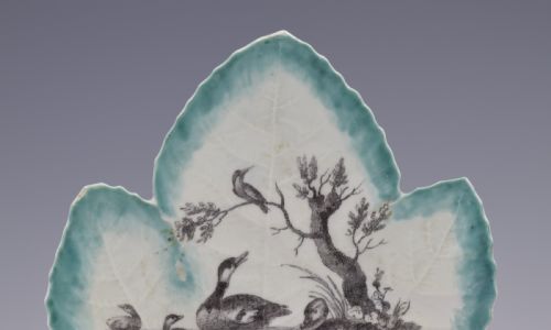 fig 1. First Period Worcester Porcelain Leaf Dish Hancock Printed River Scene c.1758