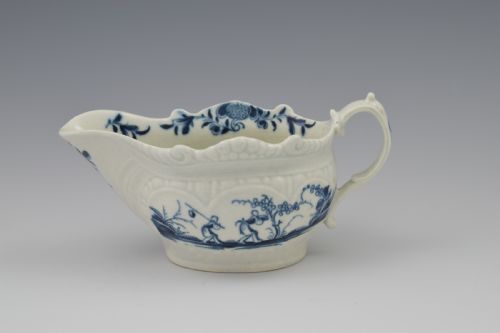 First Period Worcester Porcelain Sauceboat Two-porter Landscape C.1770