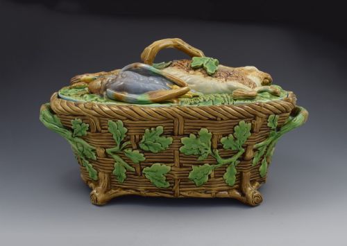fig 1. Victorian Minton Majolica Mallard Blackbird Rabbit Game Pie Dish 1862