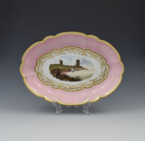 Pale Pink Barr, Flight & Barr Porcelain Landscape Dessert Dish Aberystwyth Castle